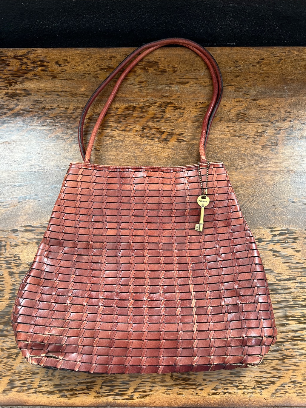 Fossil Woven Leather Shoulder Bag With Brass Key Charm